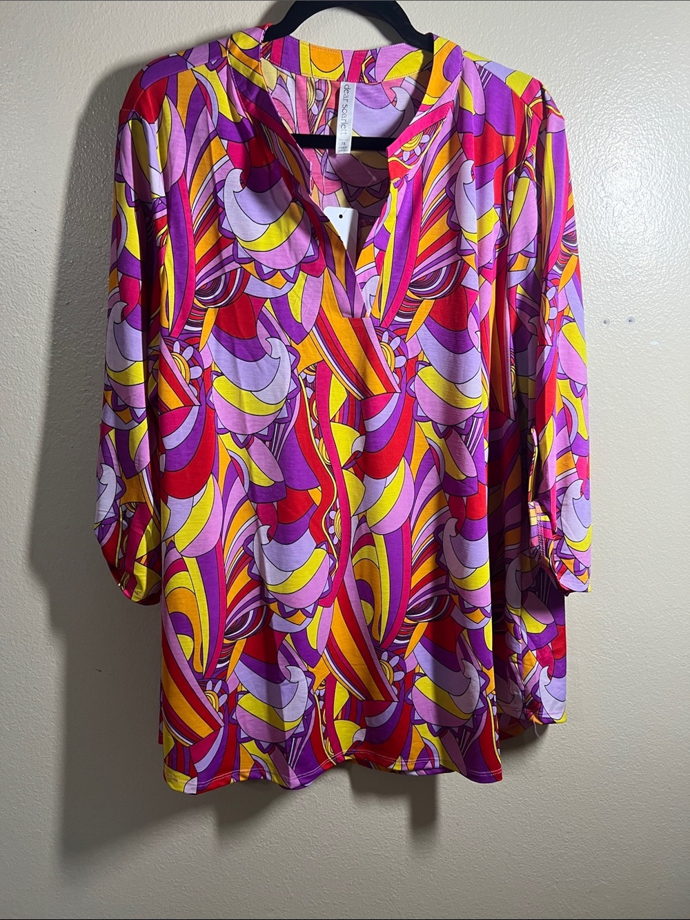 Printed V-Neck Tunic in Pink, Yellow & Purple